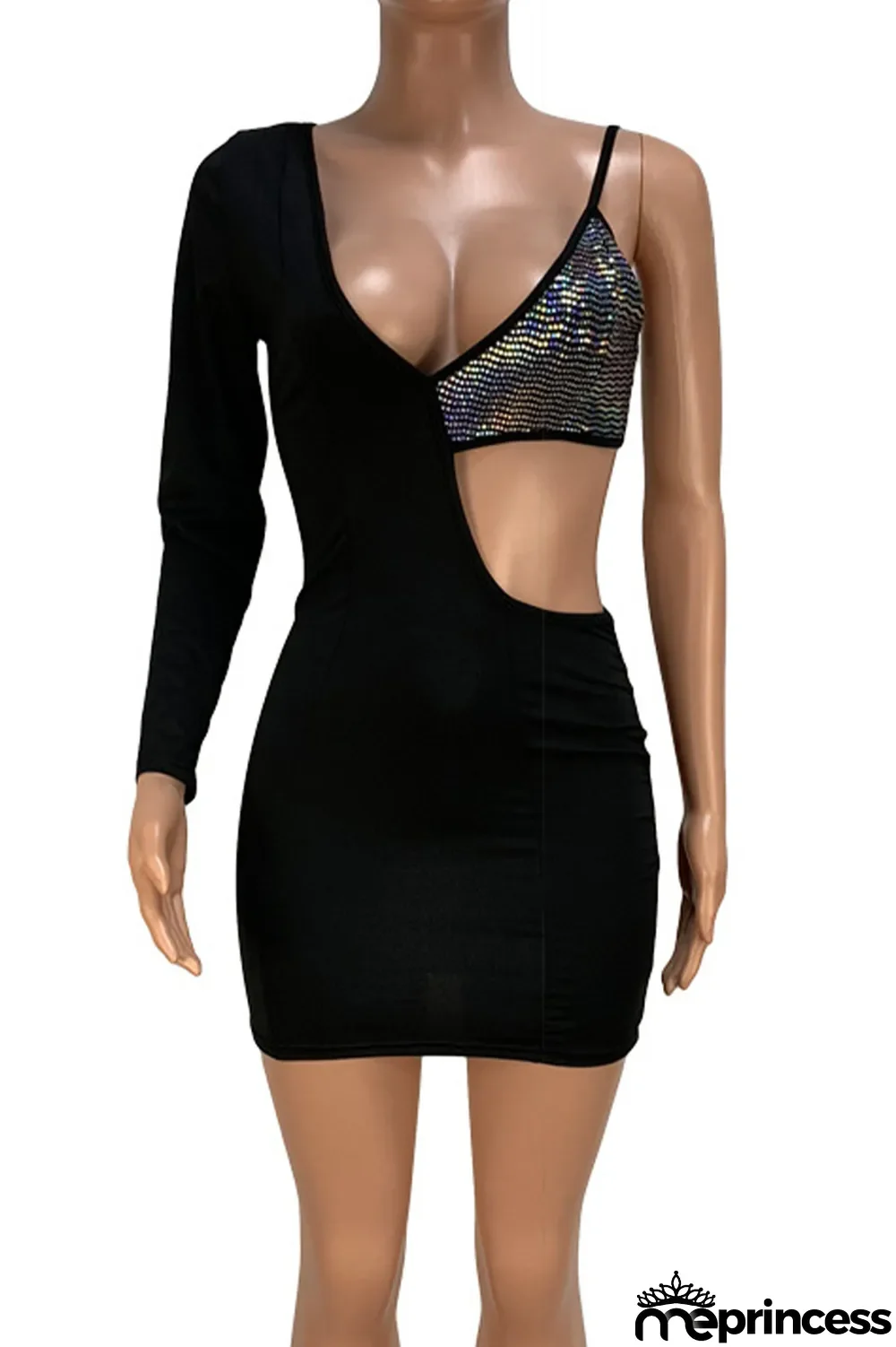 Black Sexy Patchwork Solid Sequins Asymmetrical V Neck Sheath Dresses