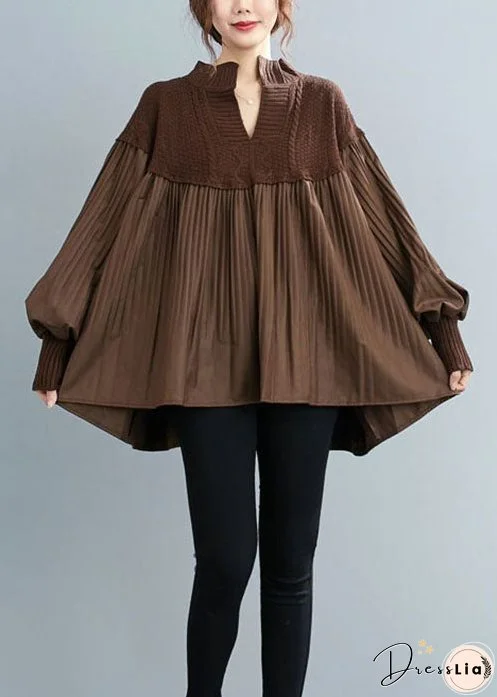 Simple Coffee V Neck Knit Patchwork Top Spring