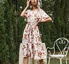 Floral Round Neck Short Sleeve Pleated Butterfly Sleeve Midi A Line Vacation Dress