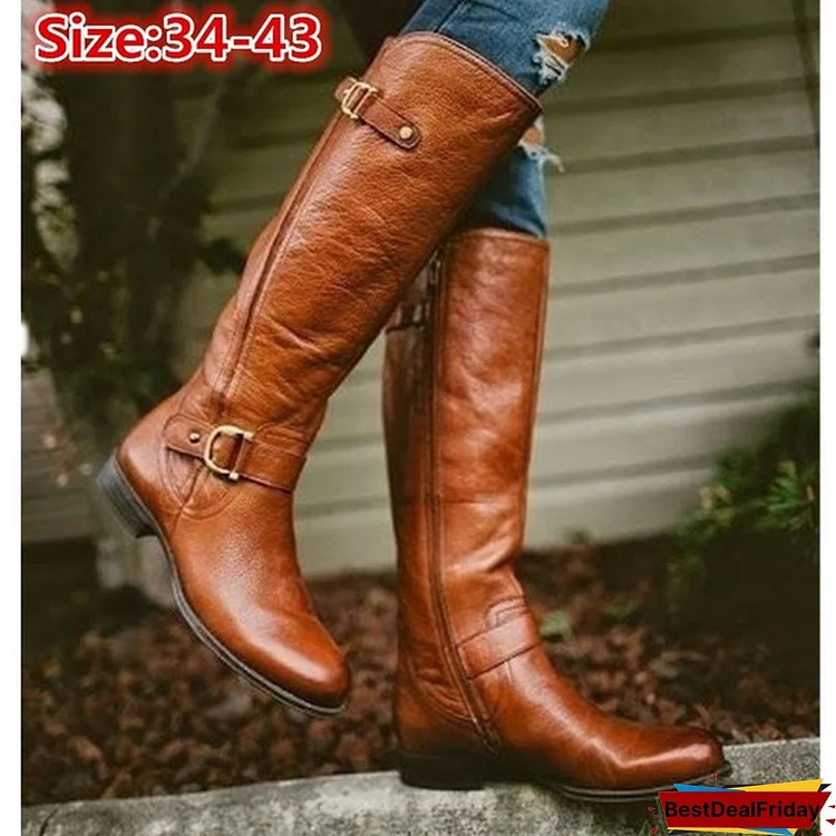 2018 Autumn Winter Knee High Women Boots Flat Heels Half Boots Women's Fashion Shoes Woman Leather Boots Plus Size:34-43