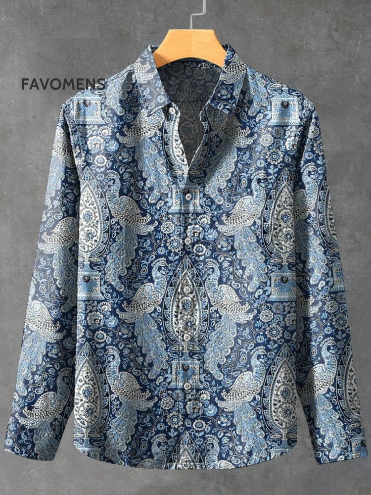 Peacock Pattern Ethnic Vintage Stripe Print 100% Cotton Long Sleeve Shirt Multicolor / S
