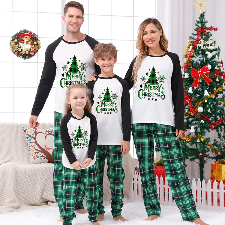 Merry Christmas Tree Print Green Plaid Family Matching Pajamas Sets