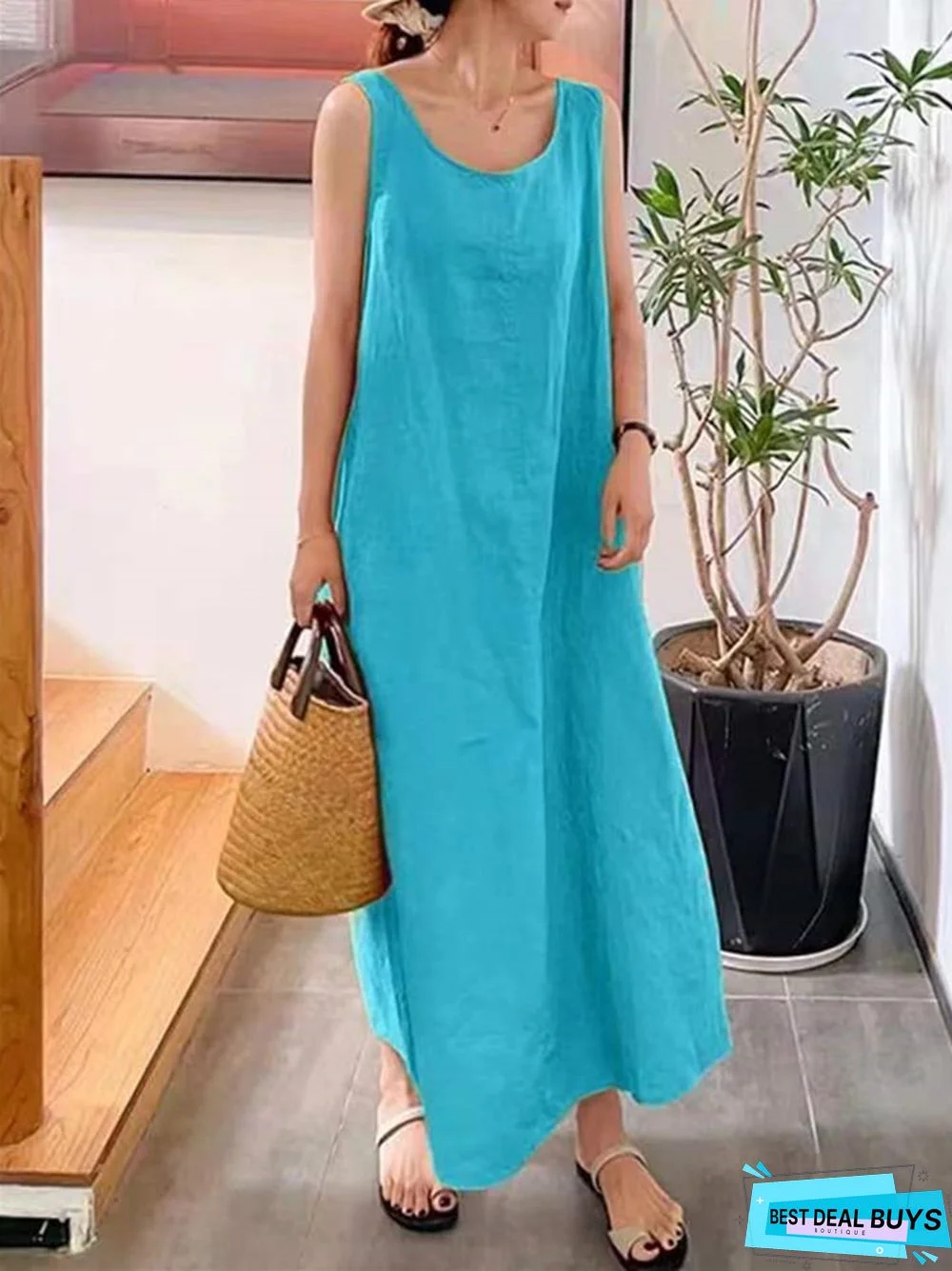 Long Suspender Cotton Linen Simple Style Loose Pocket Round Neck Temperament Sleeveless Dress
