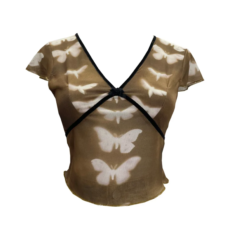 Uveng Sexy Hottie V-Neck Butterfly Print Short-Sleeved T-Shirt Slime Short-Navel Net T-Shirt Girl 9920