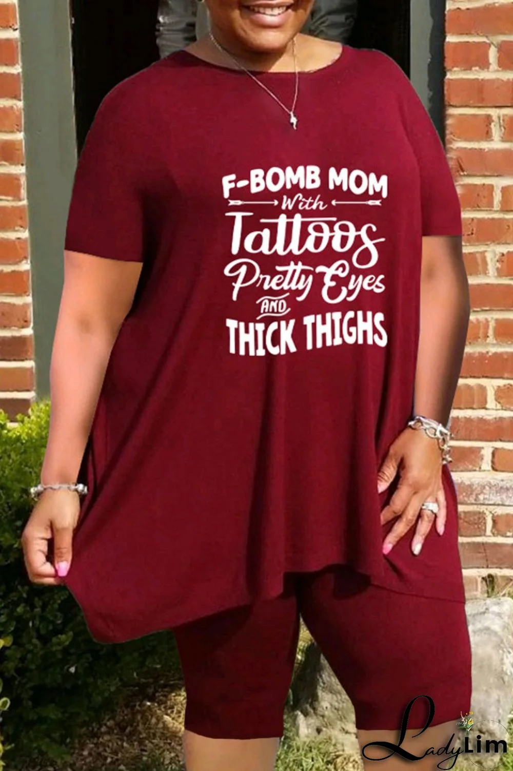 Red Casual Letter Print Basic O Neck Plus Size Two Pieces
