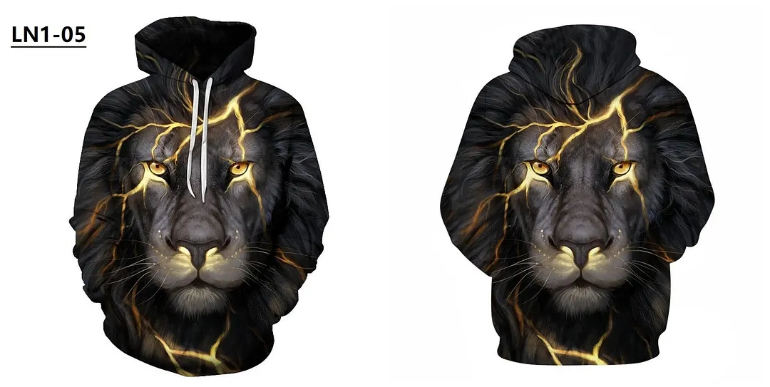 Mens Hoodies with Cap 3D Digital Lion Print Long Full Sleeves Casual Hip Hop Counple Women Clothes Front Pocket Spring Autumn