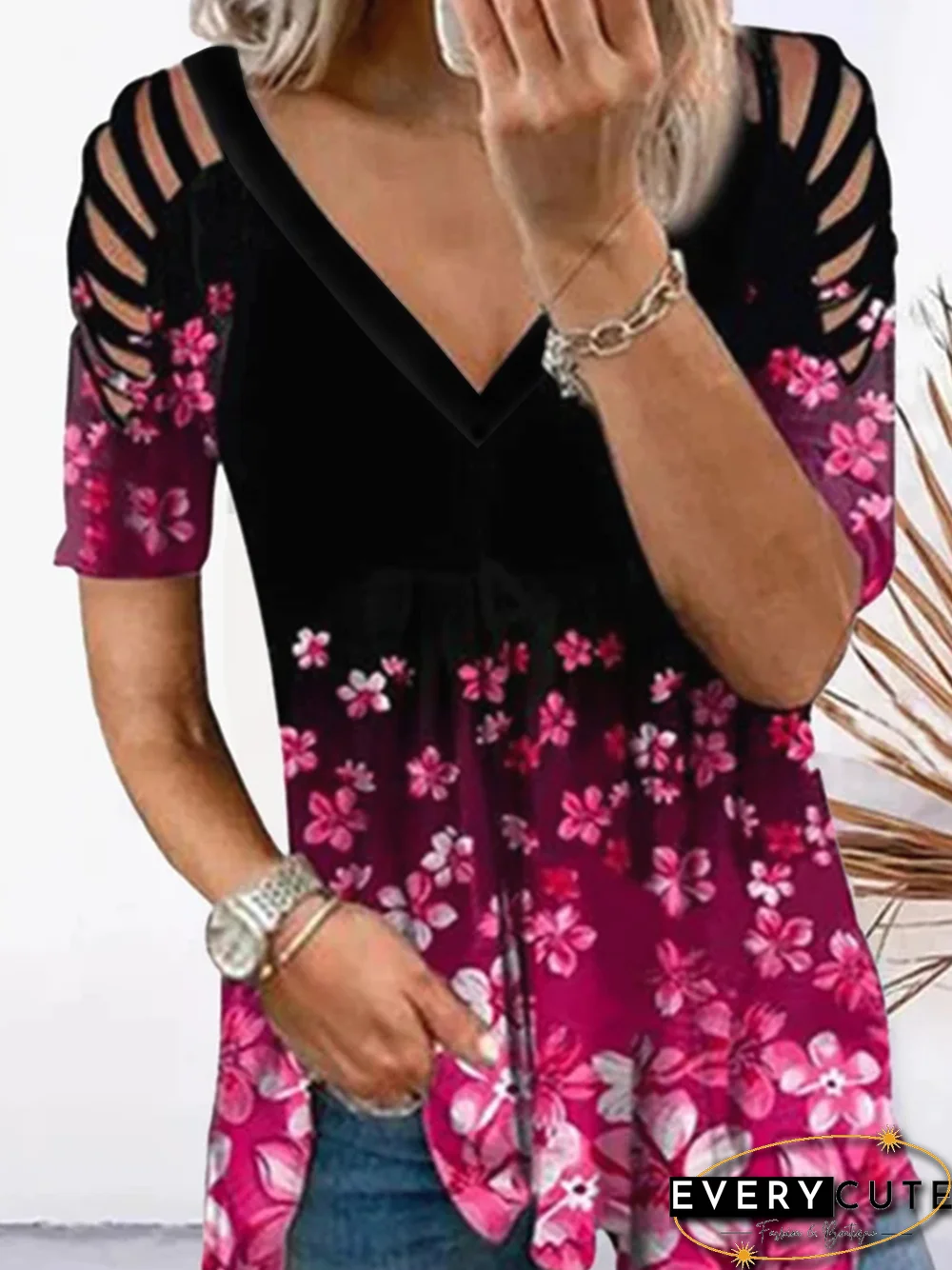 Romantic Casual Hollow Off Shoulder V-Neck Cherry Blossom Print Short Sleeve T-Shirt