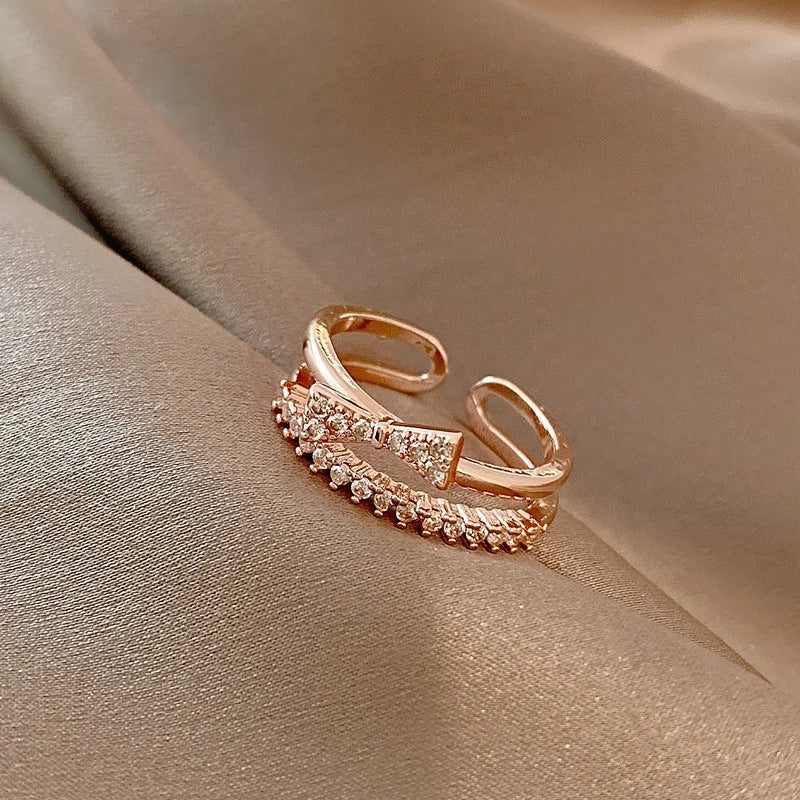 Minimalist Square Flower Bow Knot Copper Hollow Out Inlay Zircon Open Ring 1 Piece