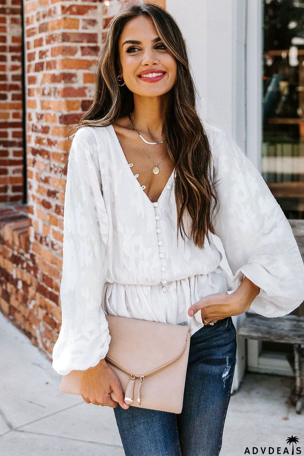 Shimmer Printed V Neck Ruffled Long Sleeve Top