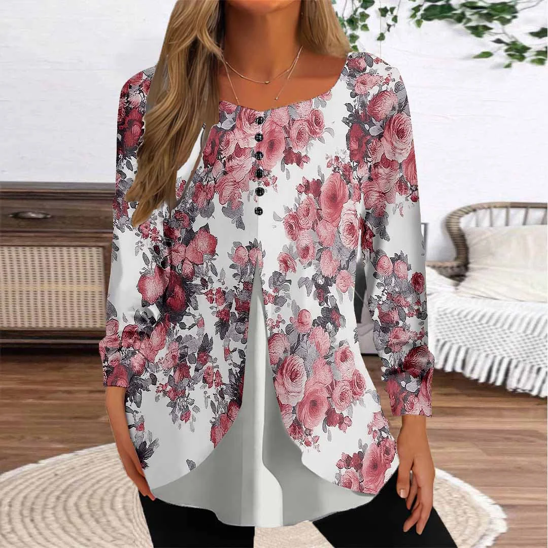 Women Floral,Pink DZGG8270 Long Sleeve Scoop Neck Printed Graphic Button Fake 2in1 Tops