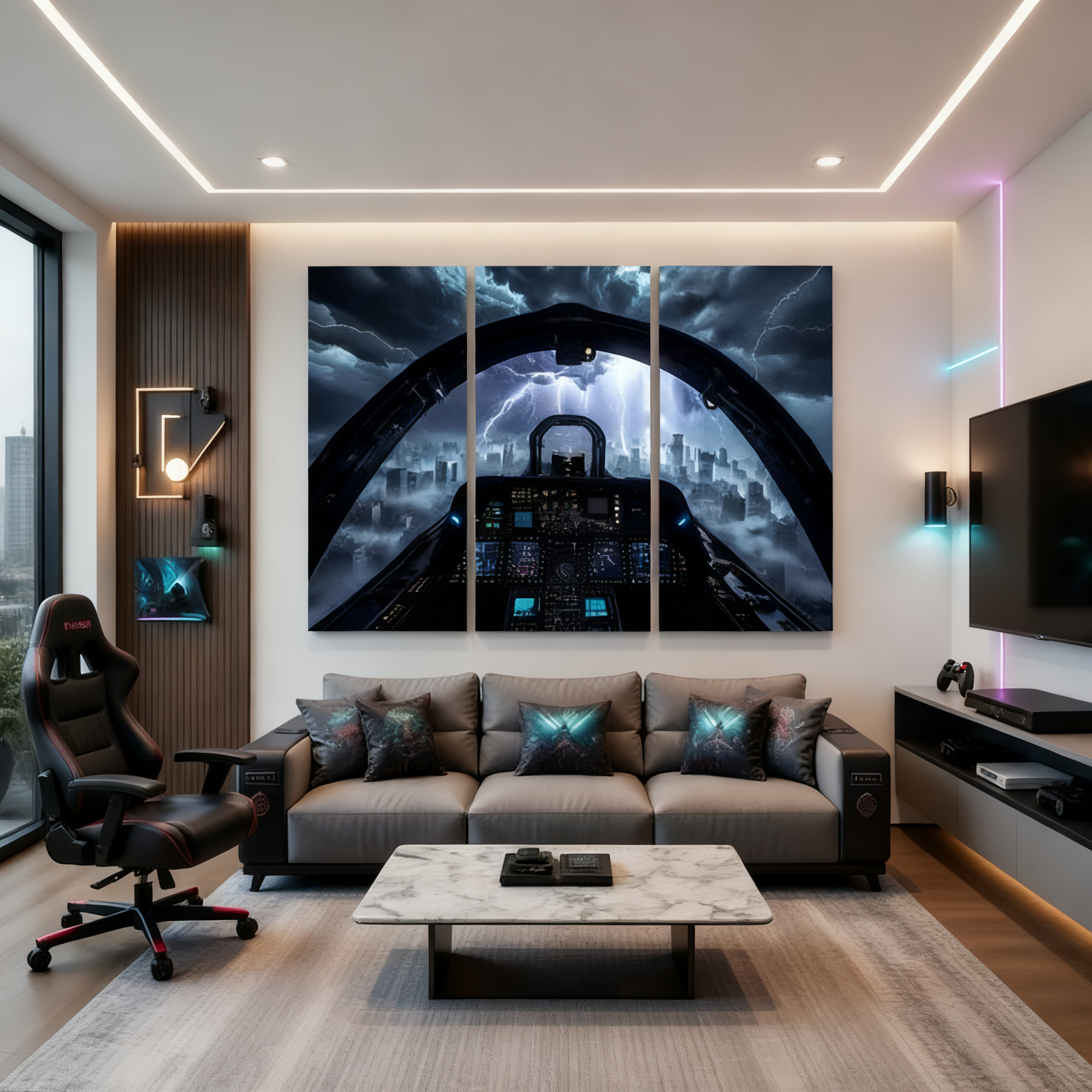 3-Piece Set Modern Fighter Jet Cockpit View Over Stormy Cityscape Canvas Wall Art