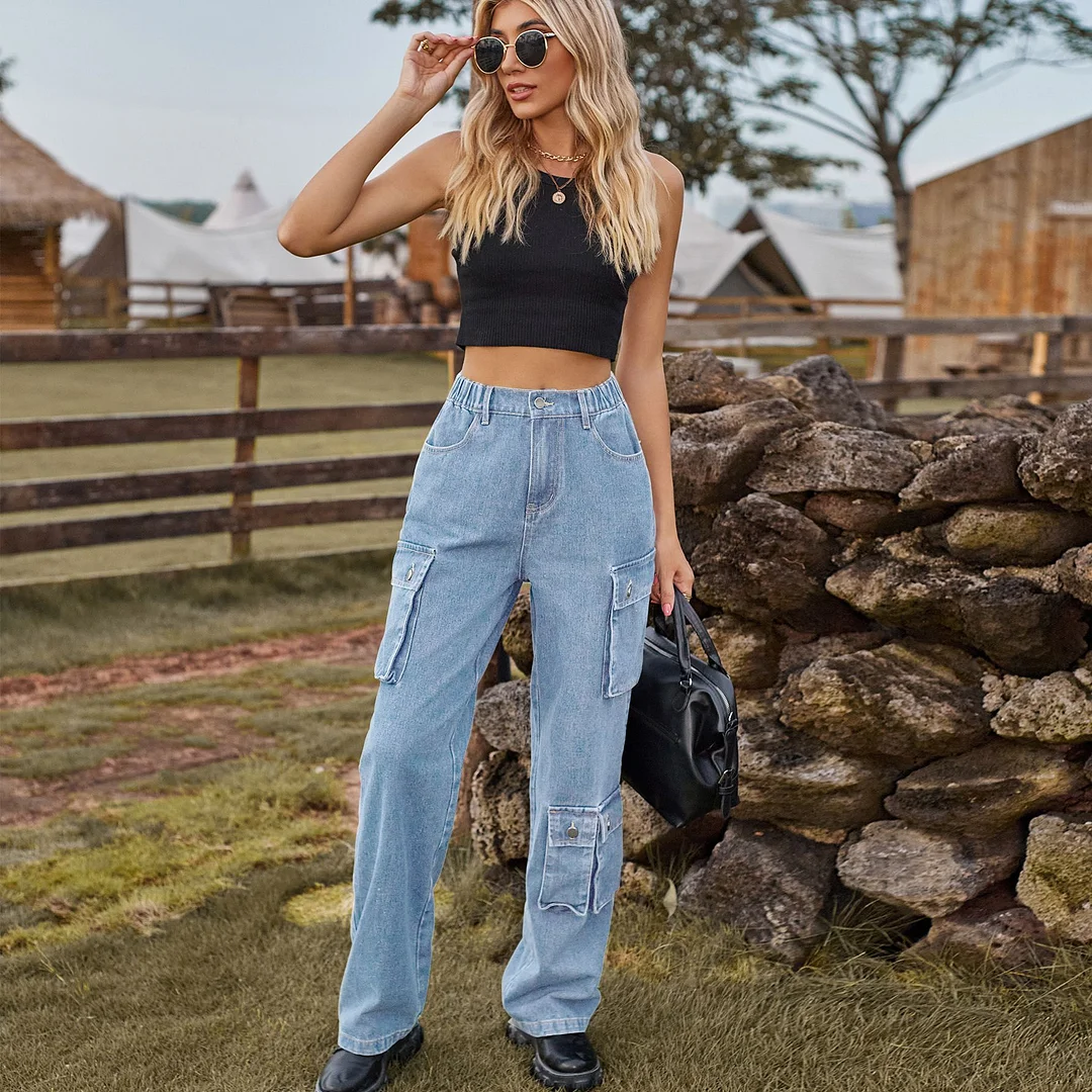 Women's Denim Multi-pocket Cargo Pants Cowgirl Vintage Straight Jeans
