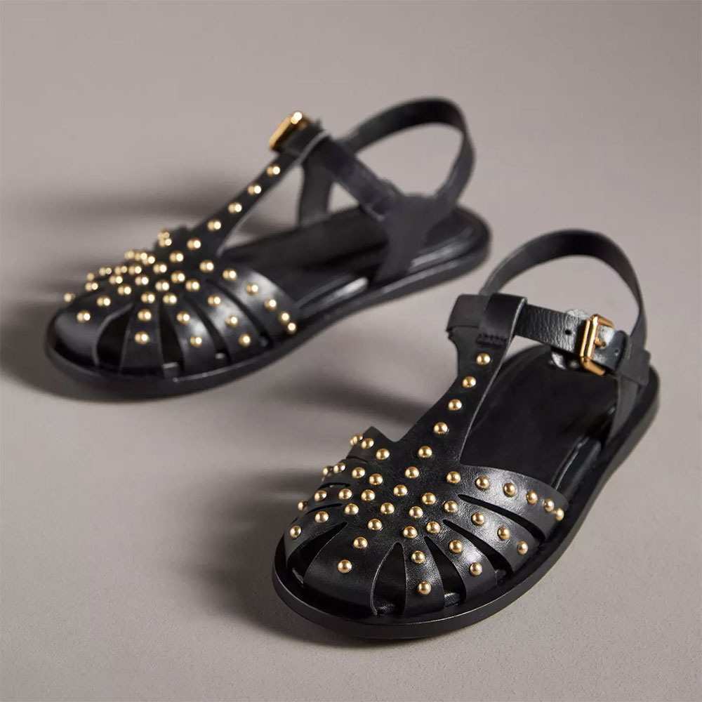 Black Vegan Leather Round Toe Flat  Buckle T-Strap Studded Sandals Nicepairs