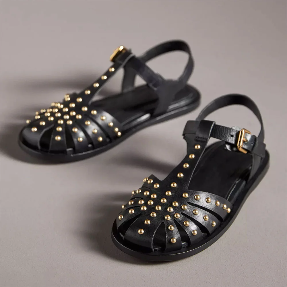 Black Vegan Leather Buckle Fastening T-Strappy Studded Flat Sandals Nicepairs