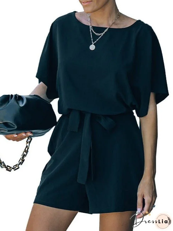 Women'S Solid Color High Waist Jumpsuit With Short Sleeves And Belt Shorts