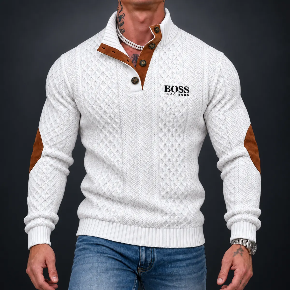 White textured button-neck sweater styled with jeans