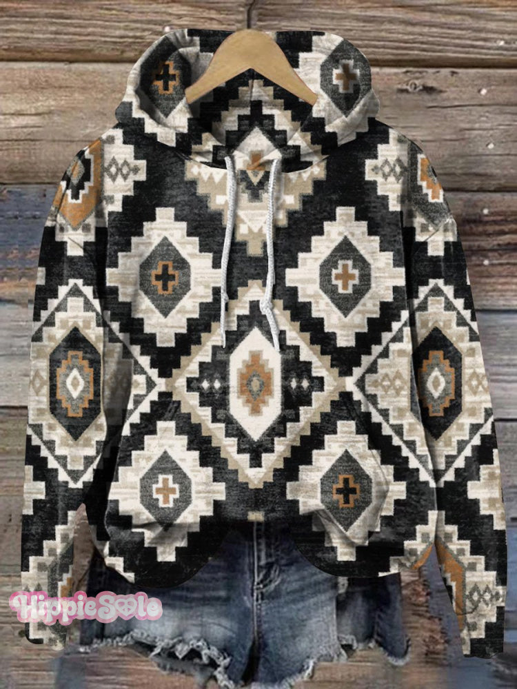 Vintage Ethnic Abstract Rhombus Geometric Painting Print Casual Hoodie Sweatshirt Multicolor / S