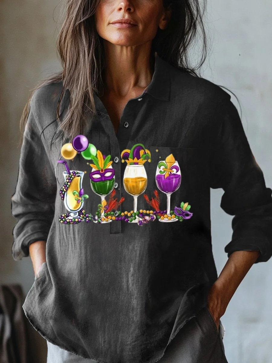 Women's   Mardi Gras  Art Print Casual Cotton And Linen Shirt