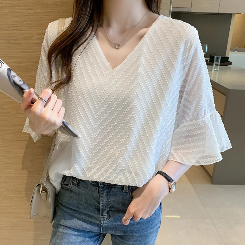 Toloer Toloer Chiffon Shirt Short-Sleeved Women's Summer Dress 2023 New Fashion Small Shirt Flared Sleeve Top-Outfit Ideas
