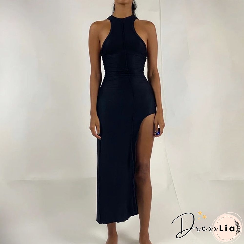 Women Summer Patchwork Bodycon Solid Color Sleeveless Split Long Tank Dress  Female Clothing Streetwear
