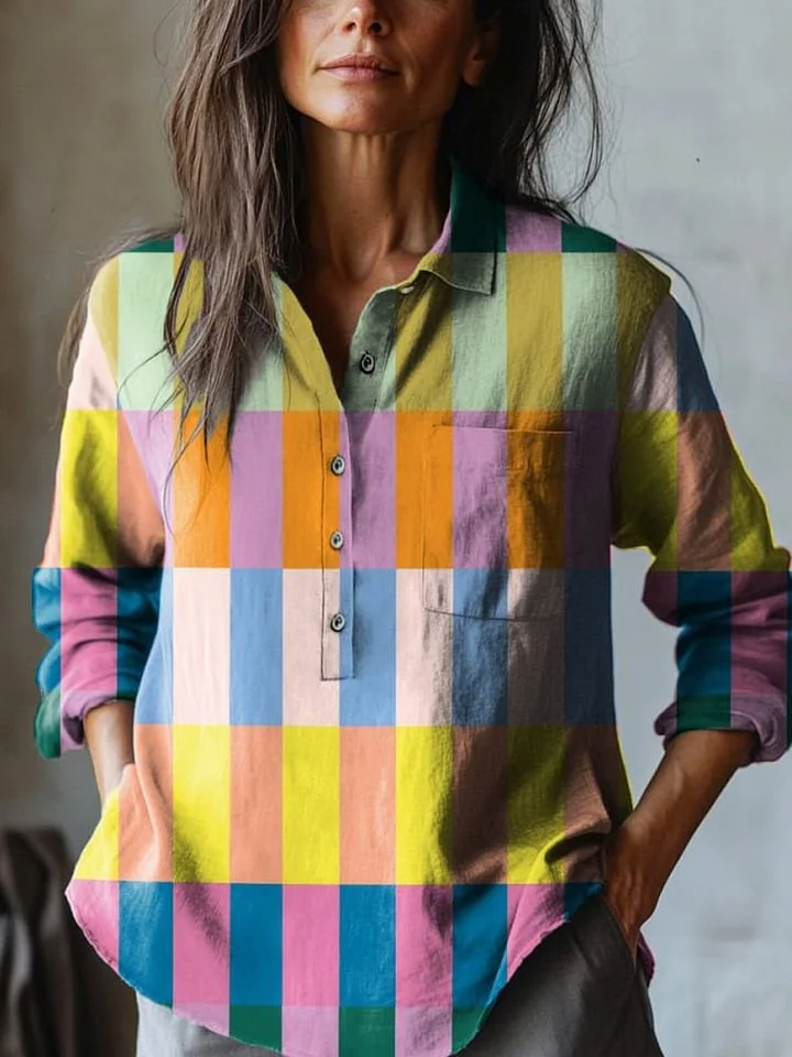Geometric Rectangle Pattern Printed Women's Casual Cotton And Linen Shirt