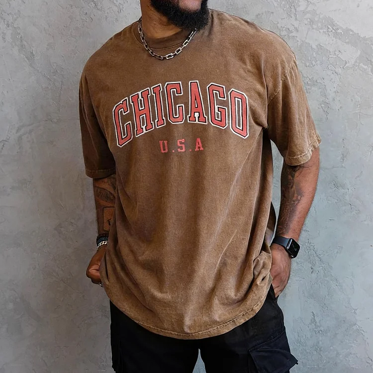 Retro Oversized Men's Chicago Print Washed T-shirt