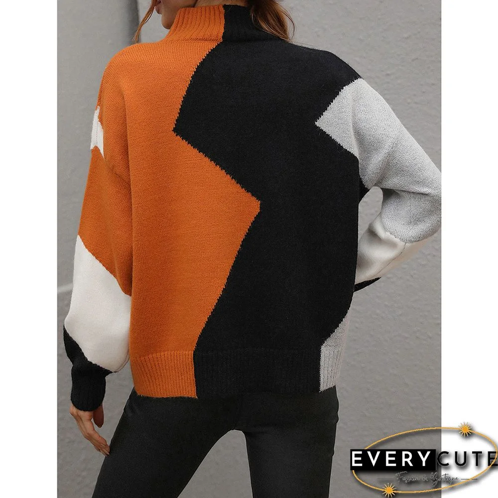Orange Color Block Crew Neck Knit Pullover Sweater