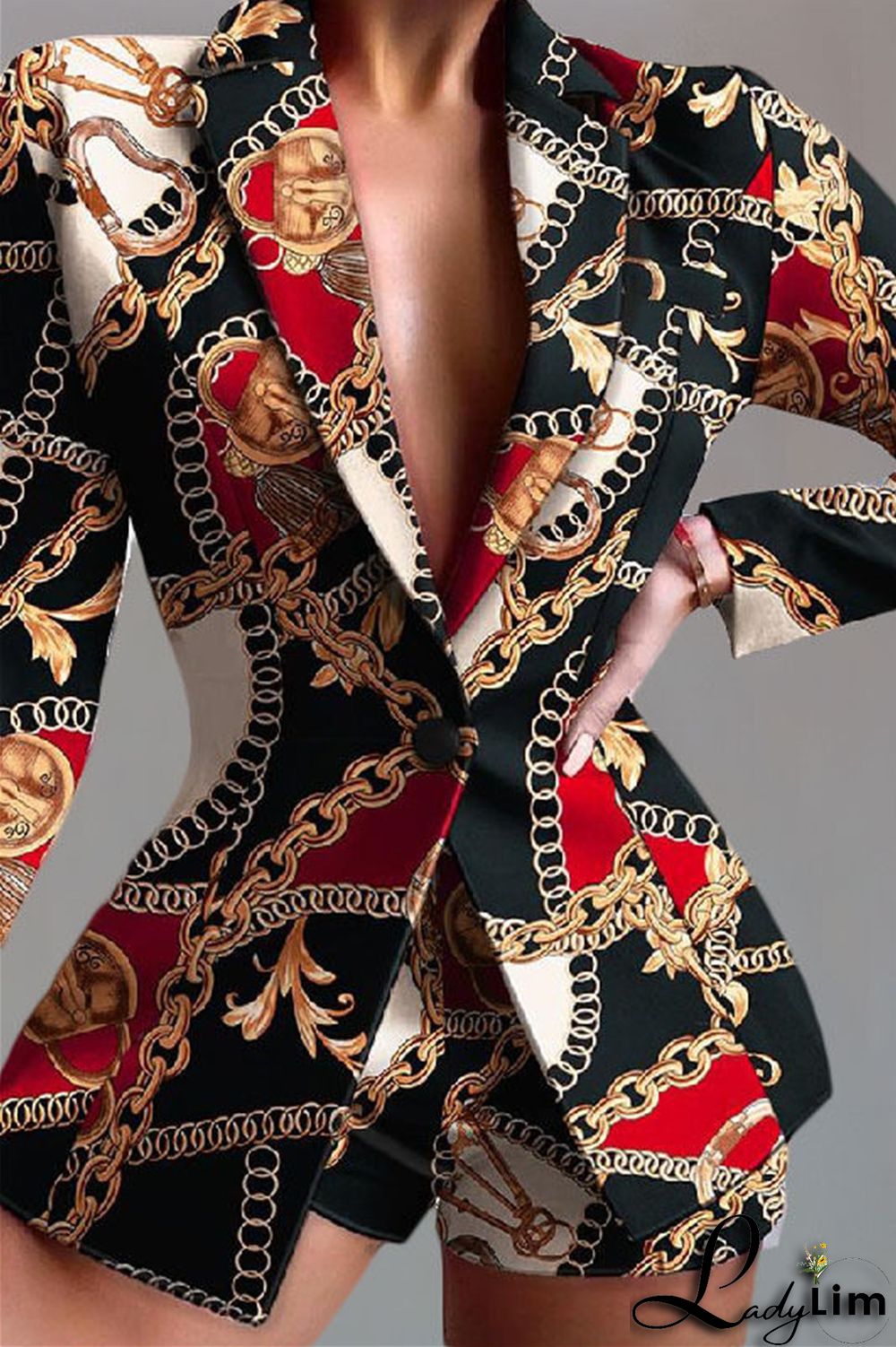 Red Fashion Casual Print Patchwork Turndown Collar Long Sleeve Two Pieces