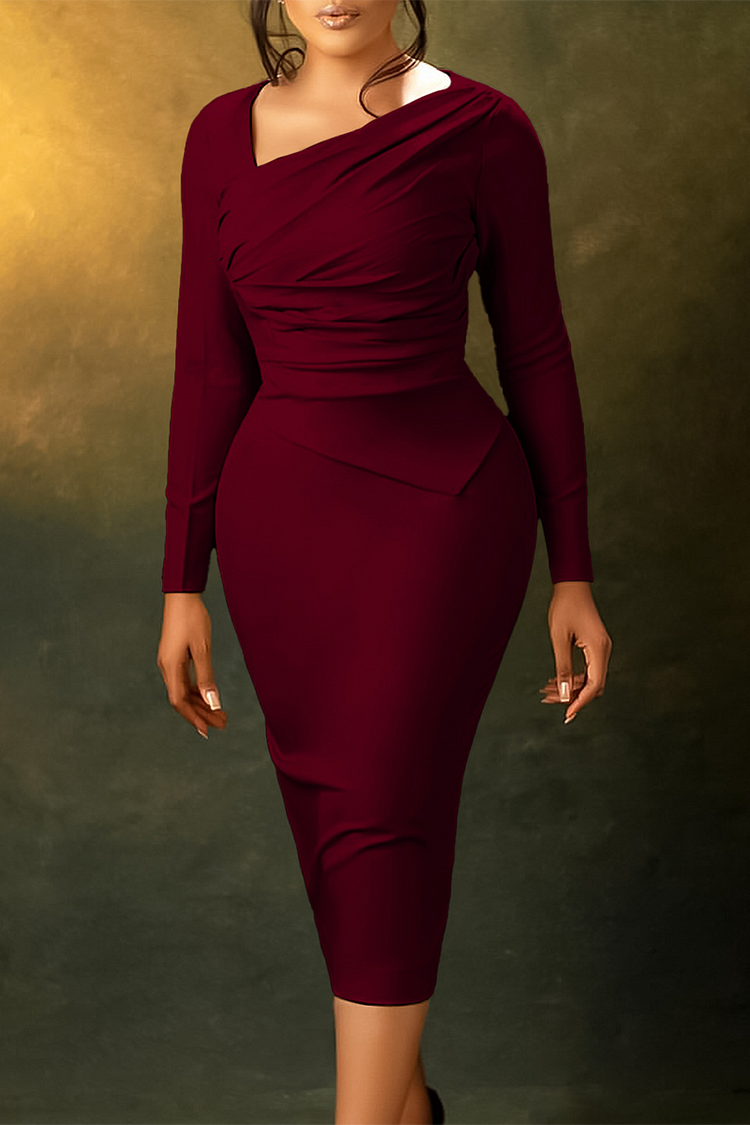 V Neck Long Sleeve Ruched Bodycon Formal Midi Dresses-Beige