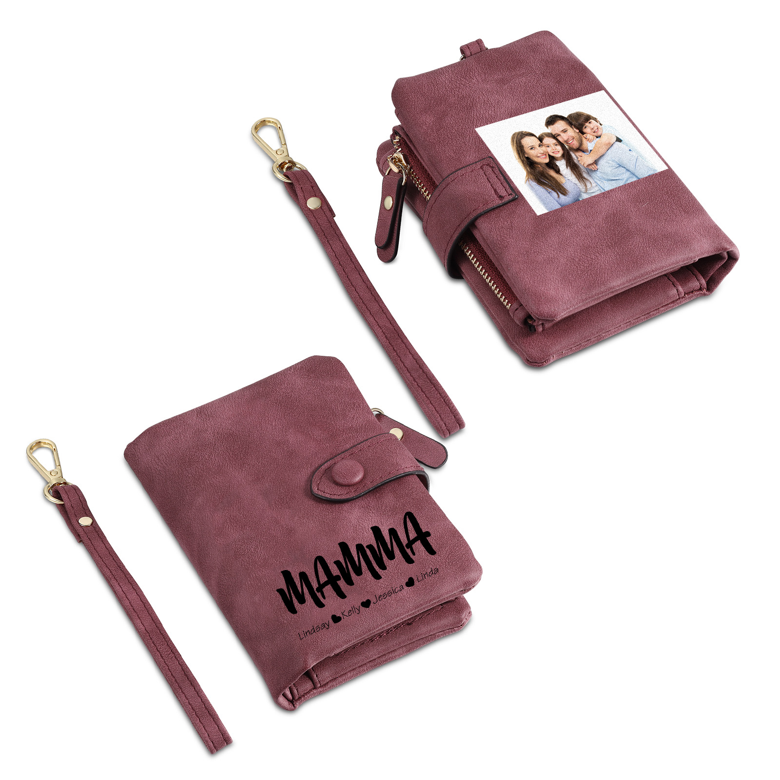 Portafoglio in PU pelle con 4 nomi & 2 testi & 1 foto personalizzati per mamma
