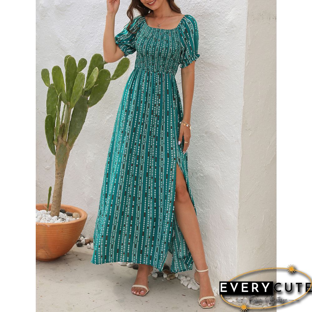 Green Vertical Striped Print Split Off Shoulder Maxi Dress