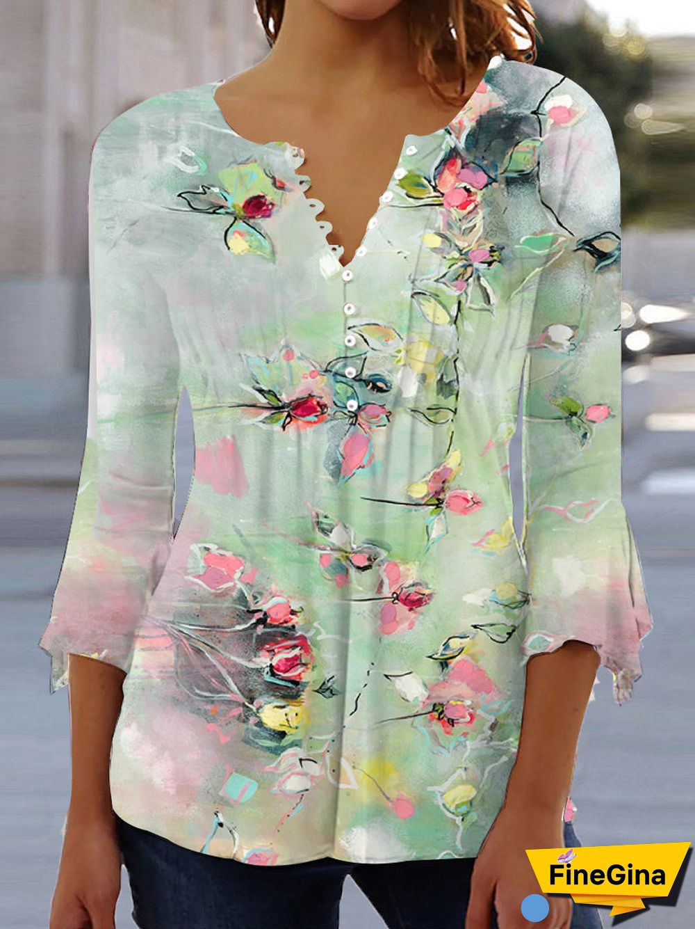 Women 3/4 Sleeve V-neck Floral Printed Top