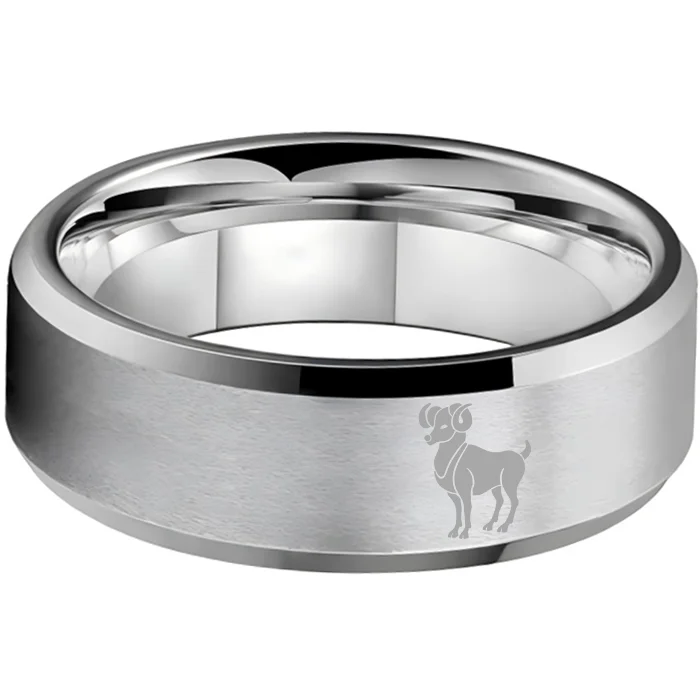 Sliver Aries Couple Wedding Bands Beveled Edges Laser Etched Tungsten Carbide Ring 4MM 6MM 8MM Width