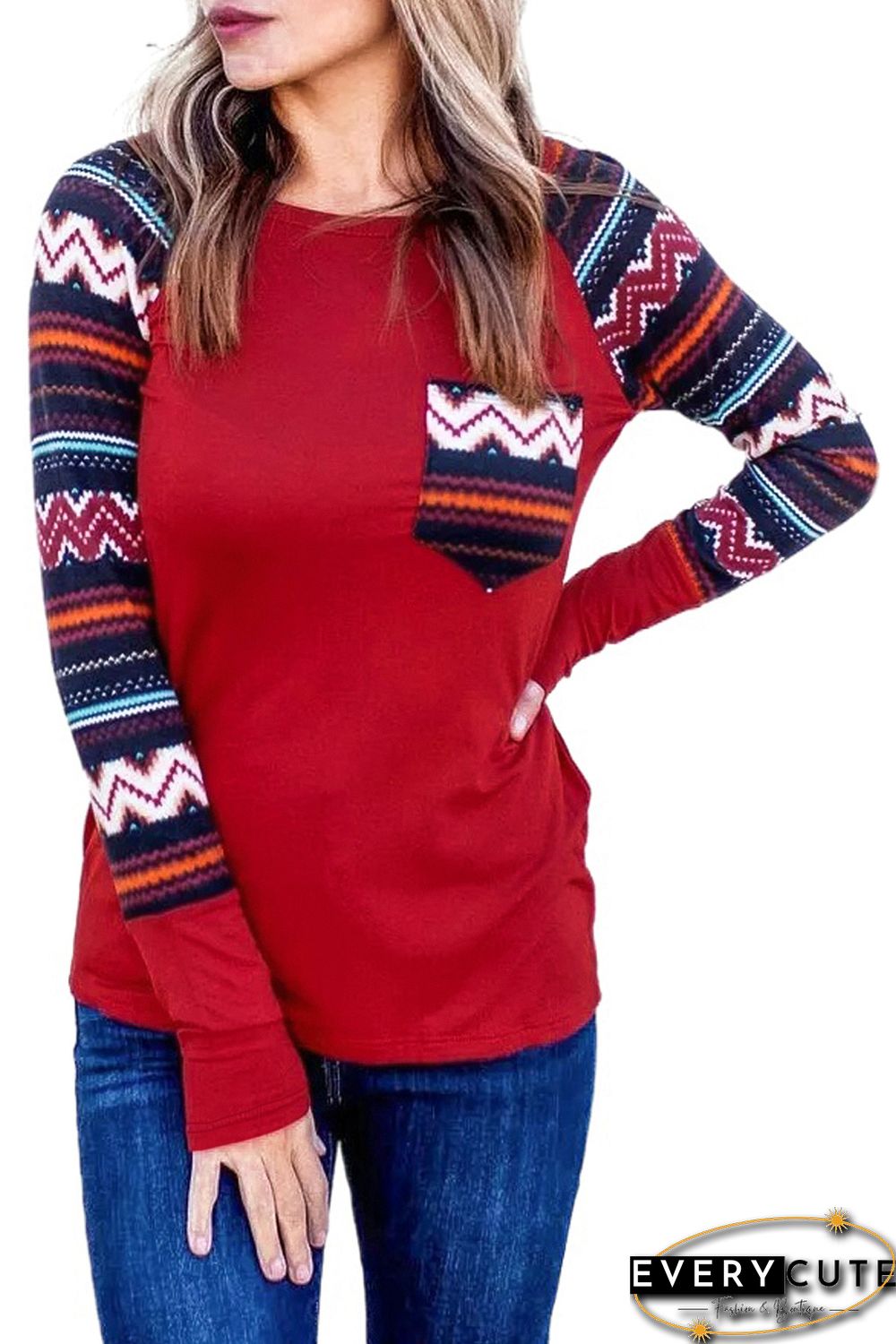 Red Raglan Sleeve Aztec Geometric Patchwork Top with Pocket