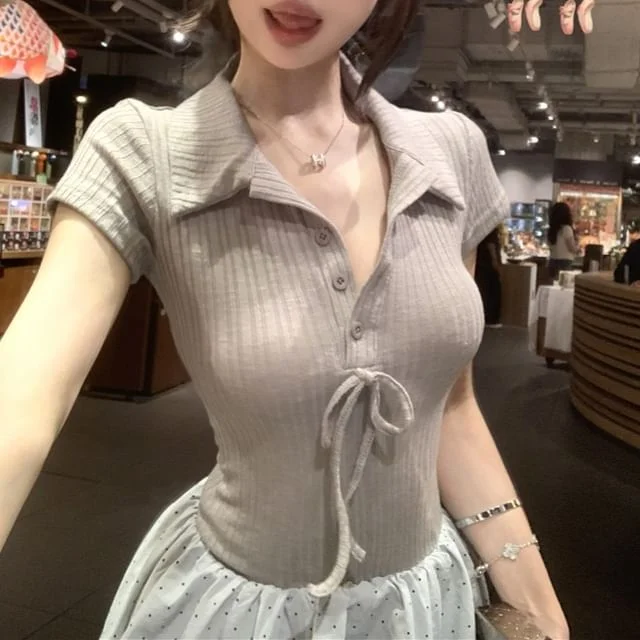 Mock A-Line Collar Bubble Bow Knit Two-Piece Panel Short-Sleeve Dress Ribbed Hem Mini