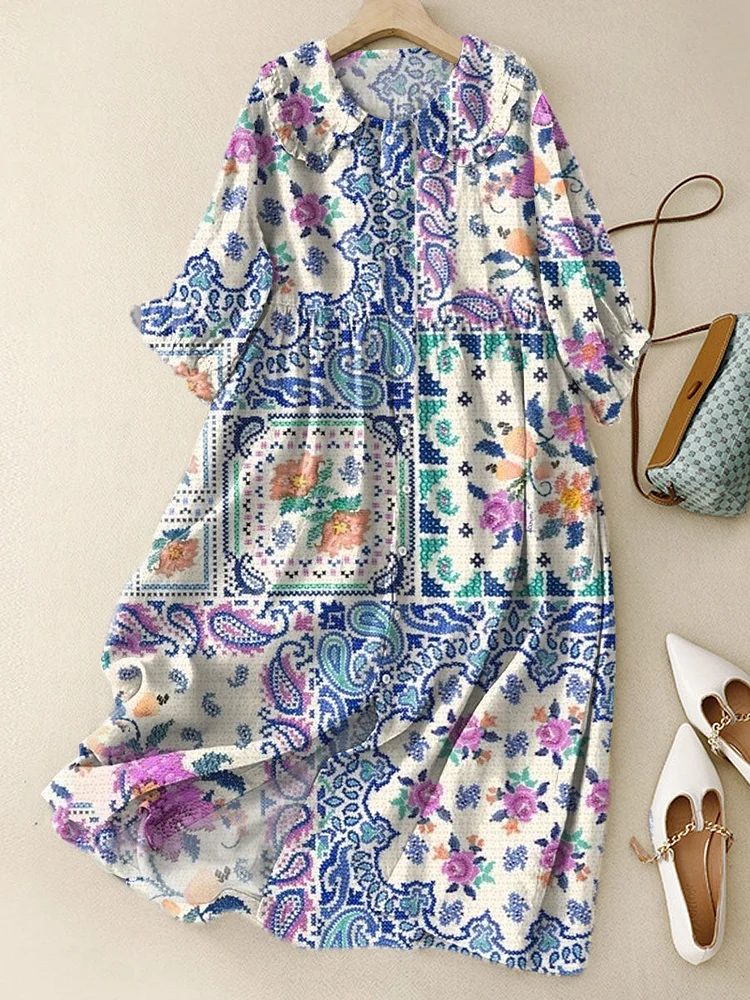 Women‘s Vintage Abstract Geometric Art Print Peter Pan Collar Cotton Dress