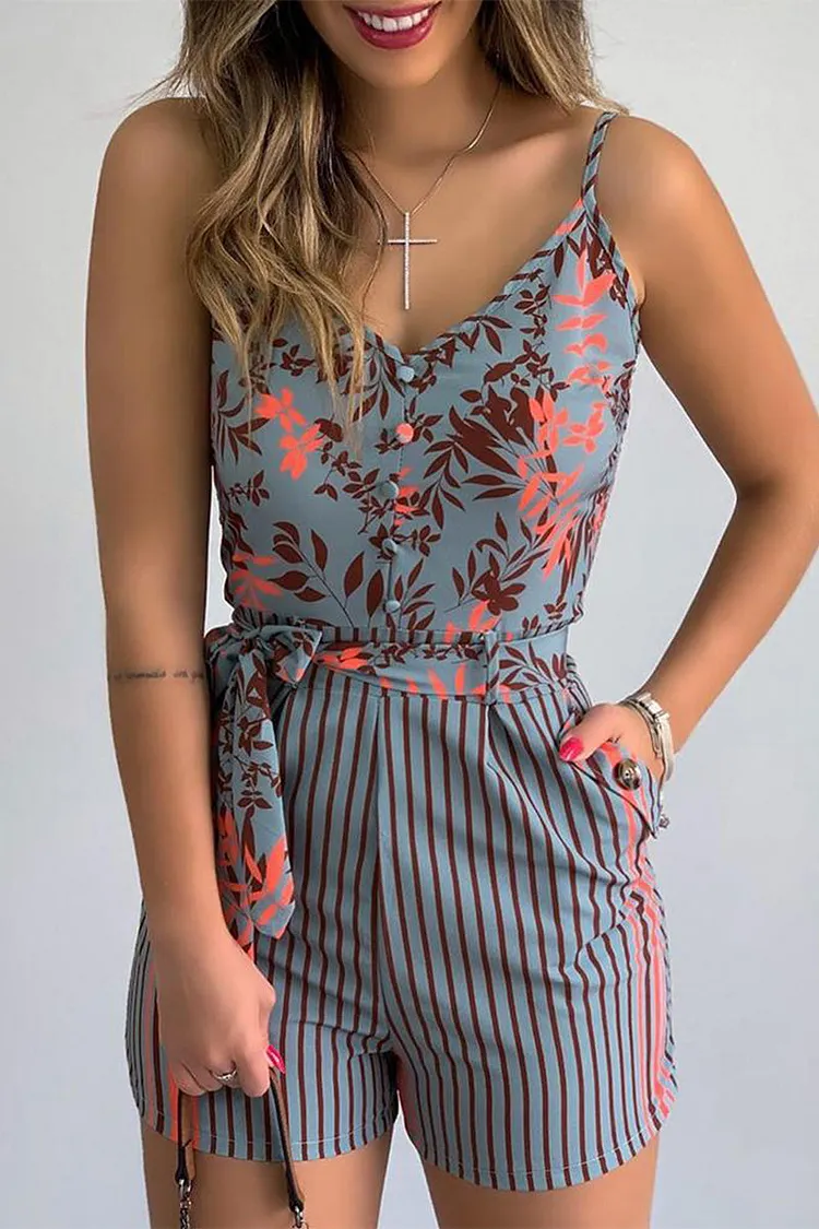 Sexy Geometric Print Bandage Patchwork V Neck Regular Rompers