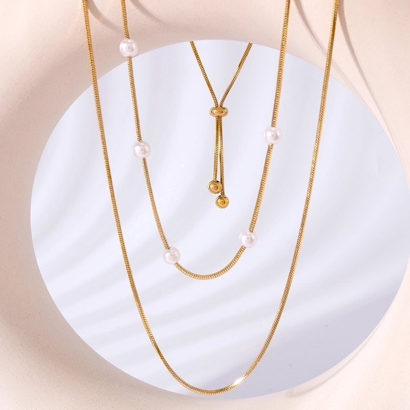 304 Stainless Steel 18K Gold Plated IG Style Romantic Shiny Pearl Round Artificial Pearls Double Layer Necklaces