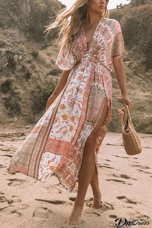 Boho Print Bat Slit Maxi Dress