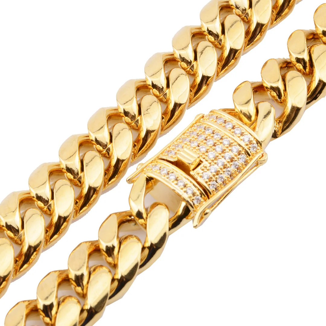 Mens Miami Cuban Link Chain 18K Gold 8-18mm Titanium Stainless Steel Curb Necklace with cz Diamond Chain Choker