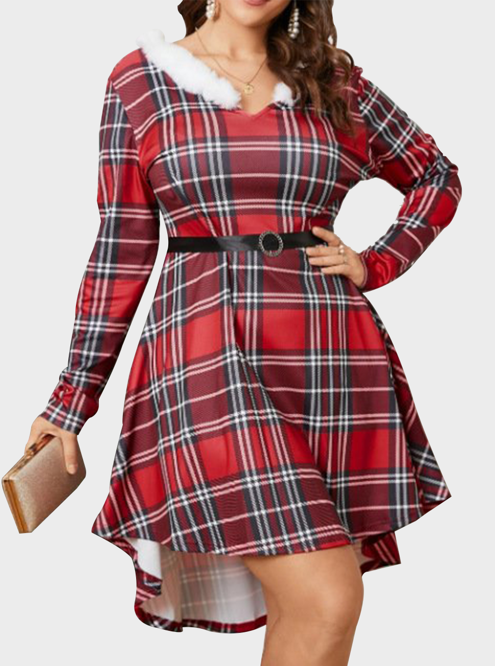  thdmladies Large Size V-neck Stitching Plaid Long-sleeved Dress thedmladies