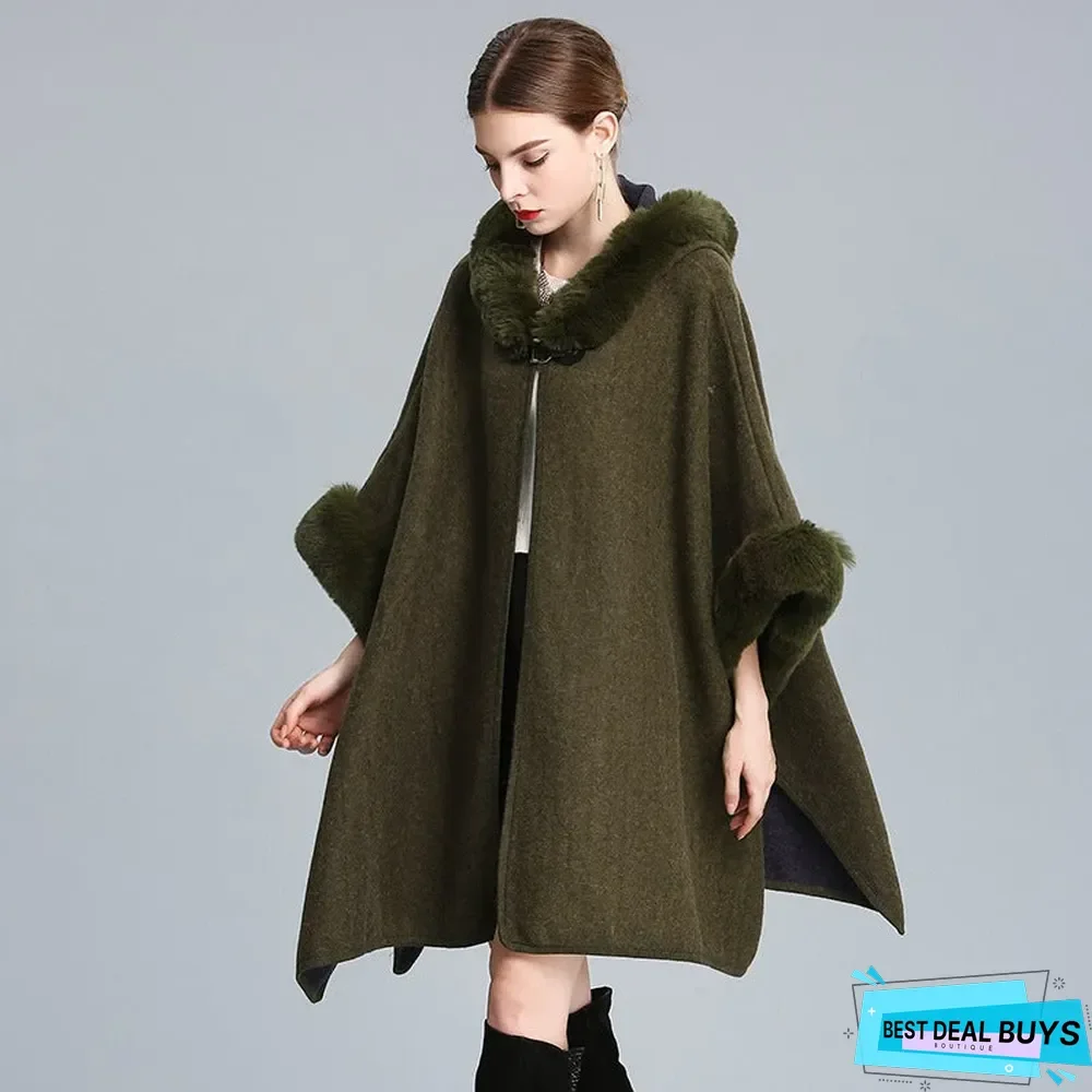 Autumn and Winter Fur Collar Hooded Shawl Cloak Large Size Woolen Coat Loose Cardigan Women