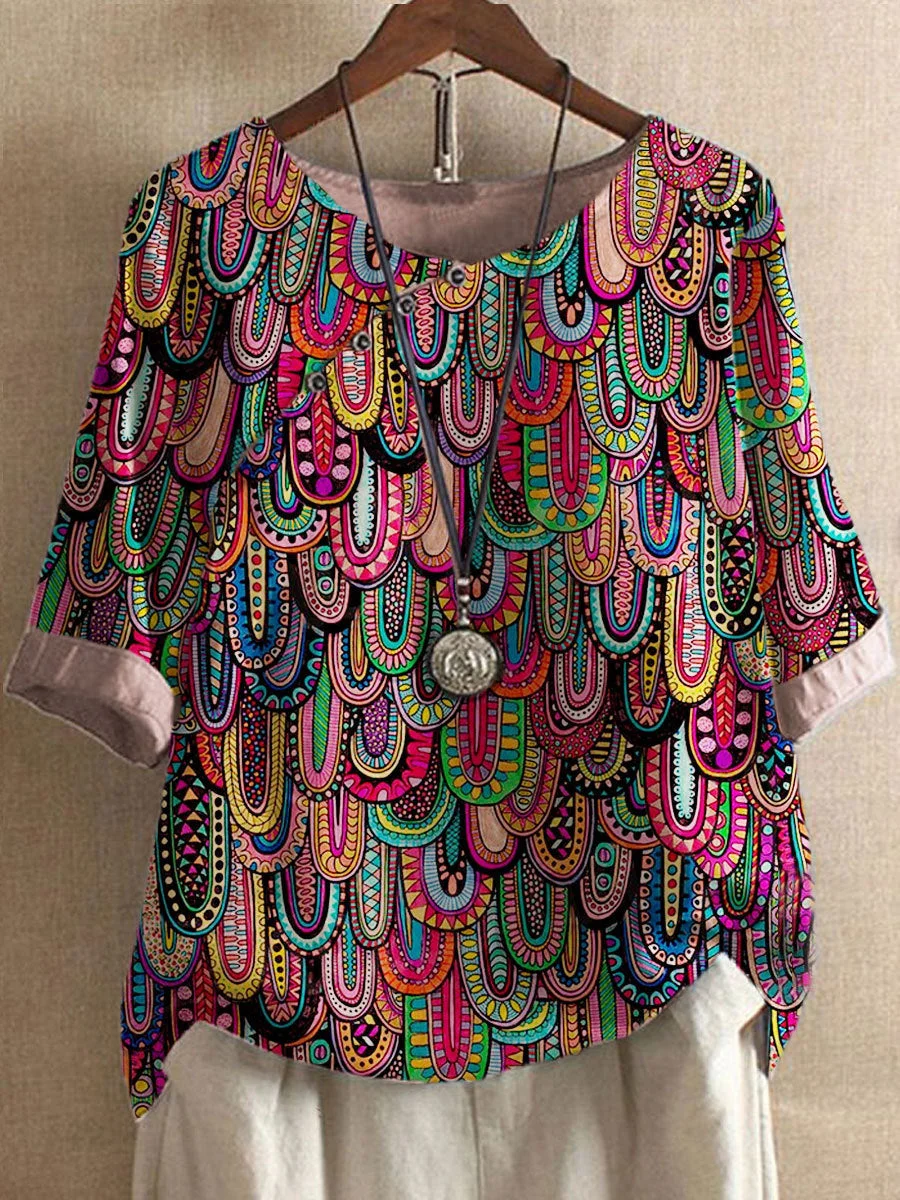 Women's Printed Round Neck Short Sleeve Slant Neck Top T-Shirt