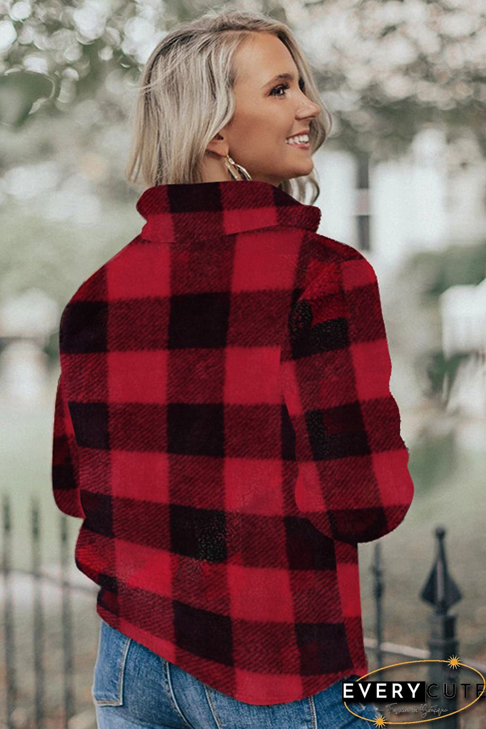 Red Plaid Sherpa Fleece Sweatshirt with Sequin Pocket