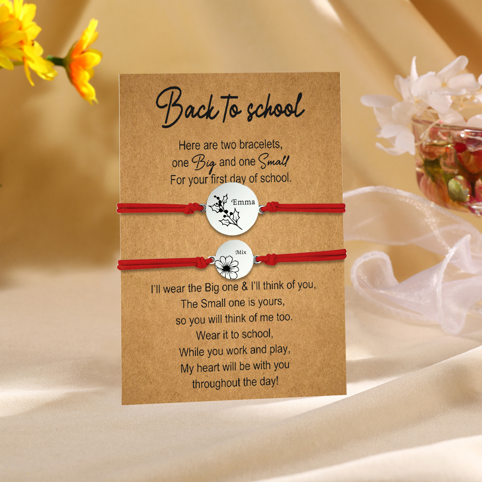 2 Pcs Bracelet Set Personalised Names & Birth Flowers Adjustable Bracelets with Message Card Back to School Gifts for Daughters-Jessemade AU