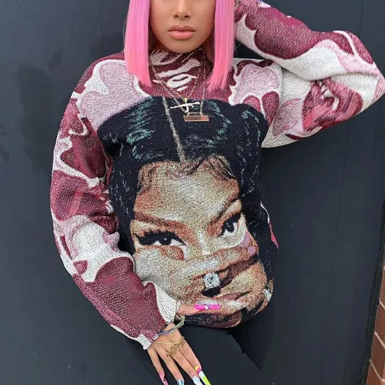 Jurllyshe Women Sweatshirt Raw Edge Portrait Print Contrast Color Crewneck Sweatshirt