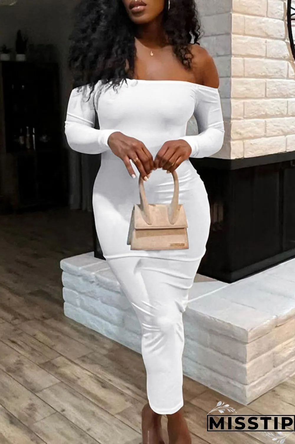 White Casual Solid Basic O Neck Long Sleeve Dresses