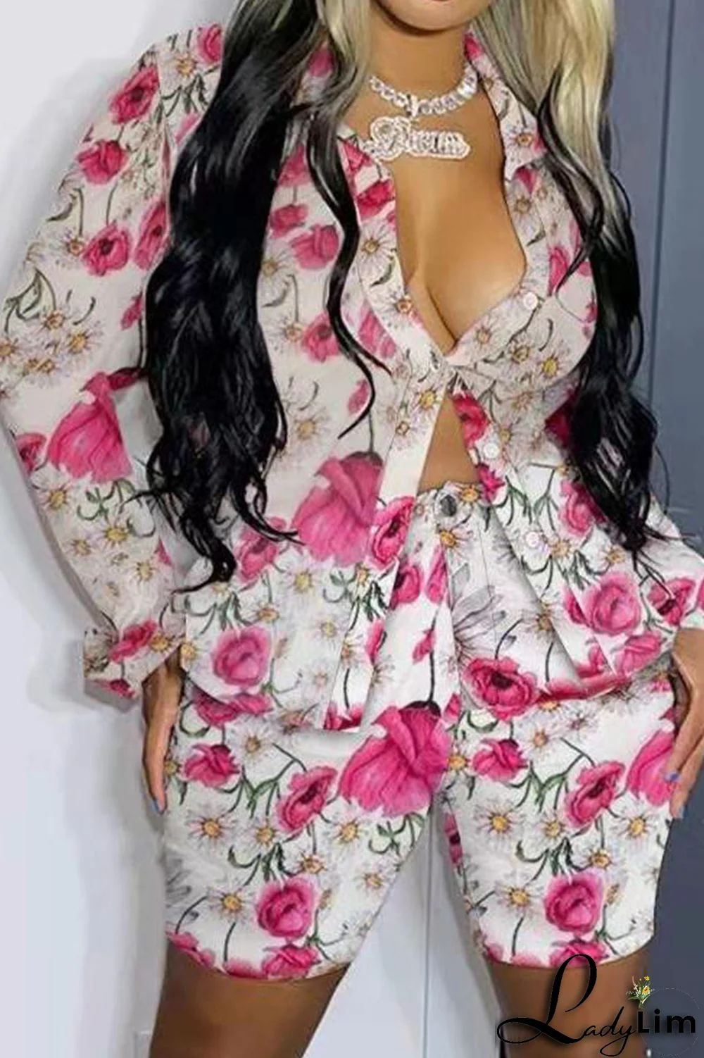 Light Blue Casual Print Patchwork Buckle Turndown Collar Long Sleeve Two Pieces