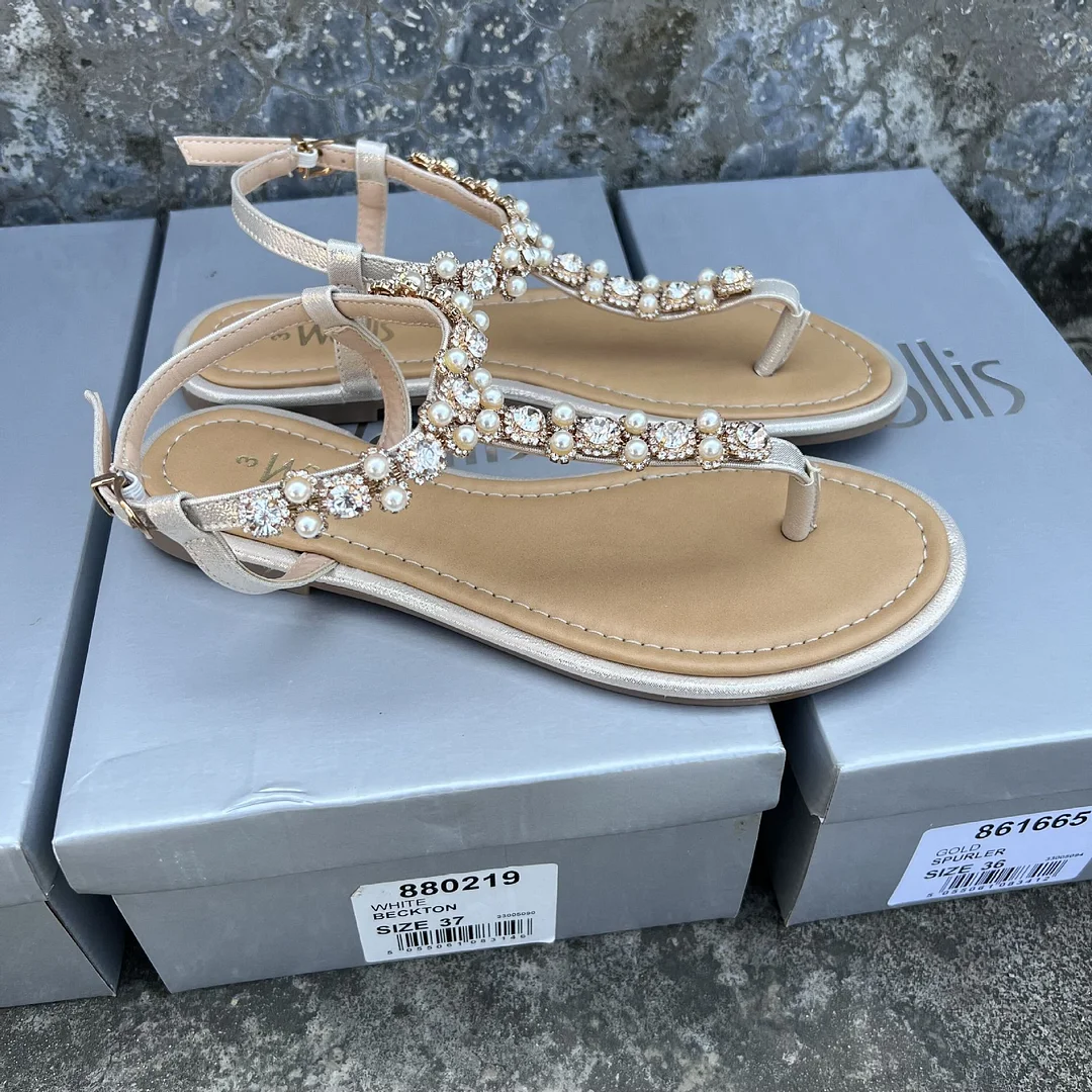 Qengg Size Women's Sandals New Beach Ladies Flip-flops Flat Sweet Pearl Rhinestone Flat with Casual Vacation Woman Shoes