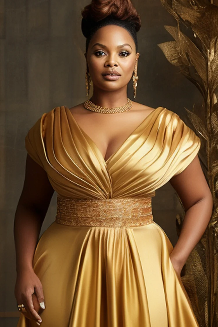 Xpluswear Design Plus Size Formal Gold V Neck Short Sleeve Pocket Satin Maxi Dresses [Pre-Order]
